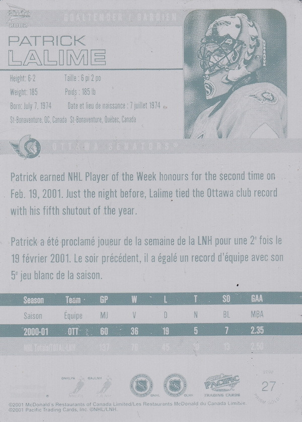 Hockey card Patrick Lalime