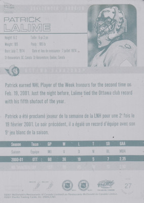 Hockey card Patrick Lalime